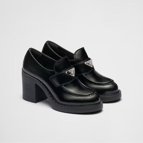 Prada Shoes - Prada Chocolate Brushed Black Leather Heeled Loafers Size: 40